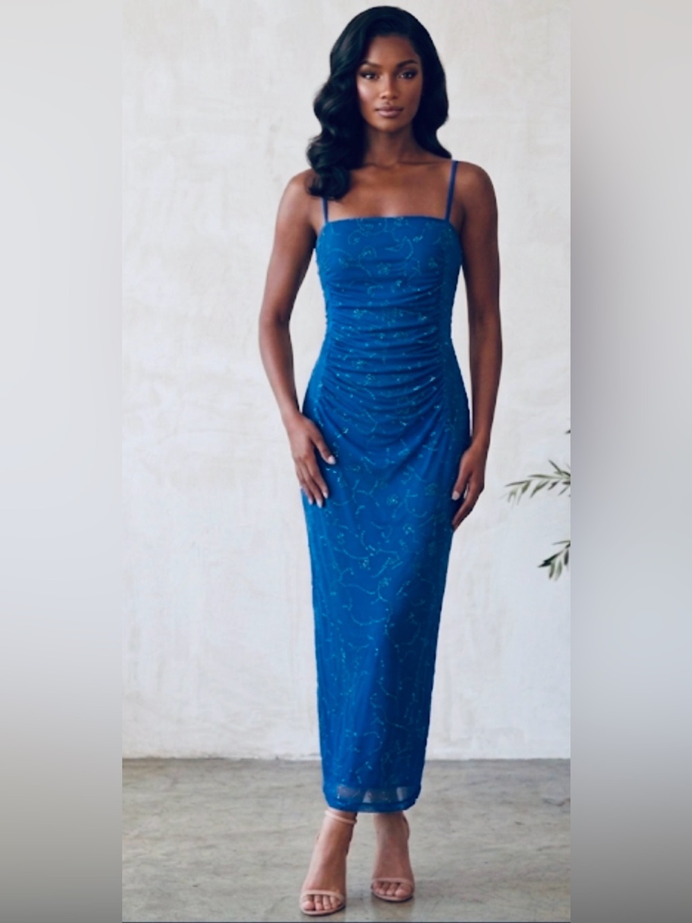 Vintage Y2K Taboo Blue Midi Dress Glitter Ruched Mesh Cami Slip Dress Size M